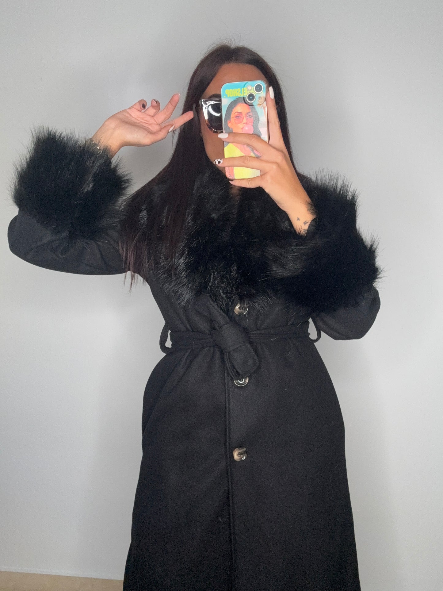 ABRIGO PAÑO LUXURY PELO BLACK