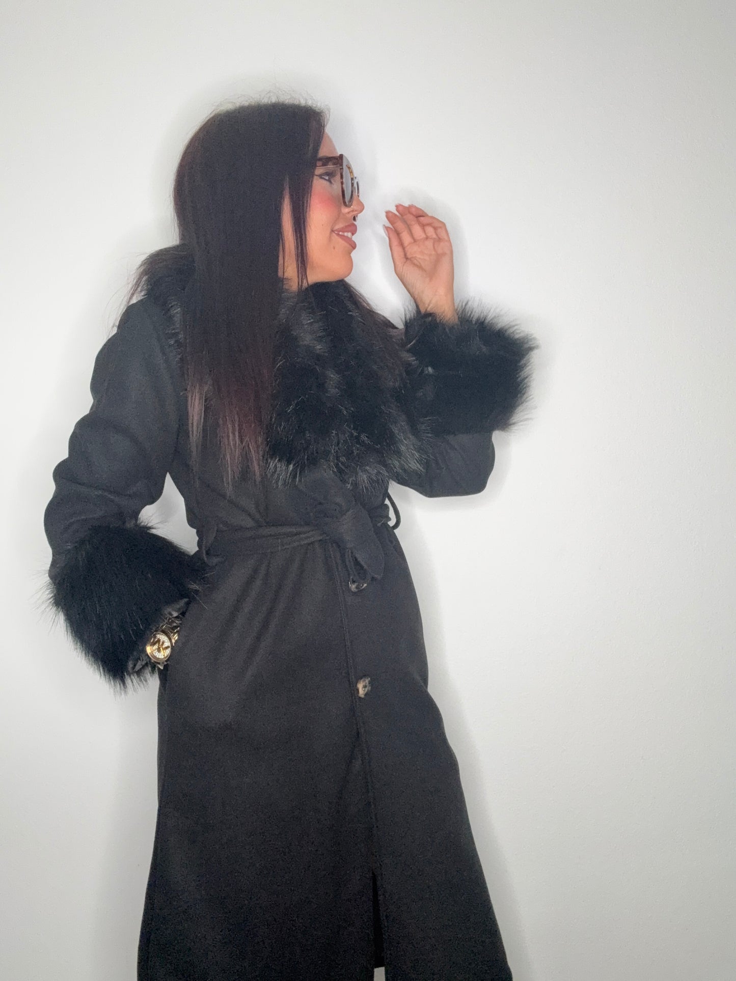 ABRIGO PAÑO LUXURY PELO BLACK