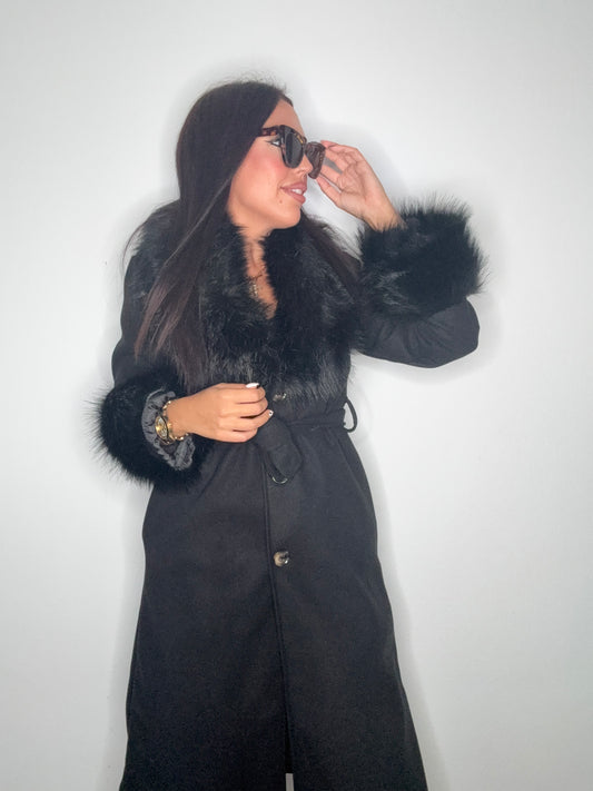 ABRIGO PAÑO LUXURY PELO BLACK
