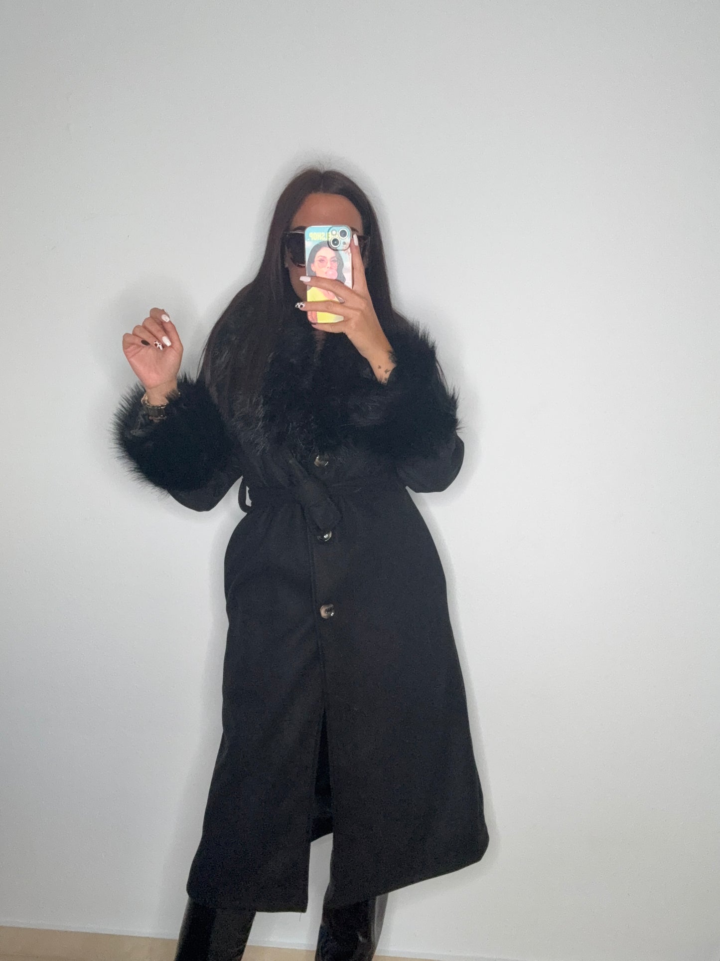ABRIGO PAÑO LUXURY PELO BLACK