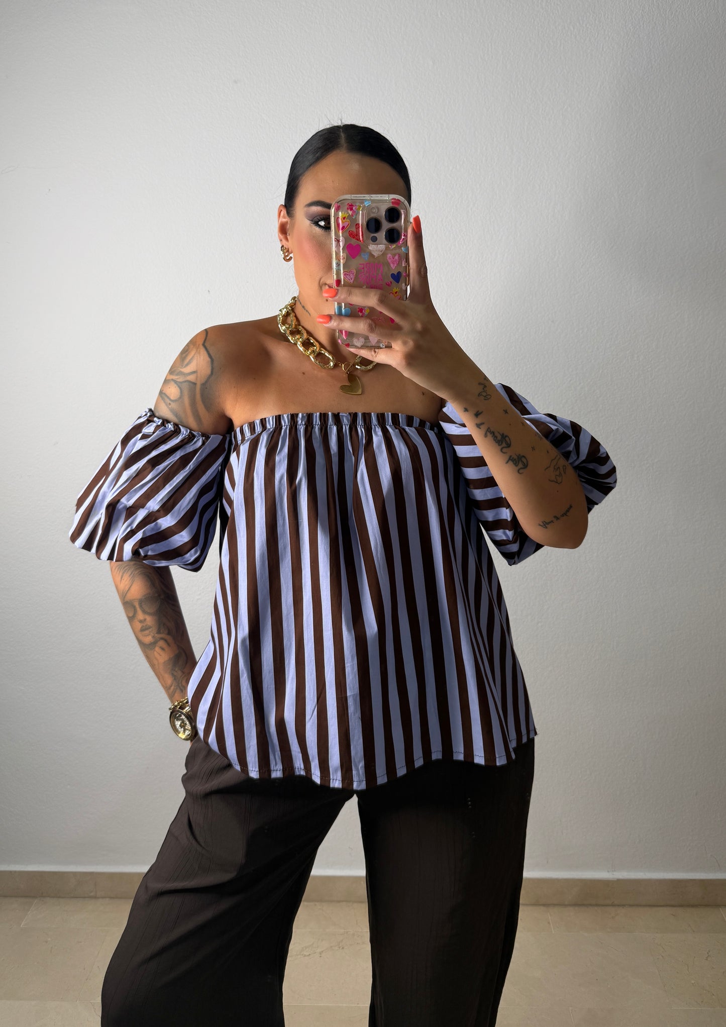 BLUSA ABULLONADA BLUE ND CHOCO