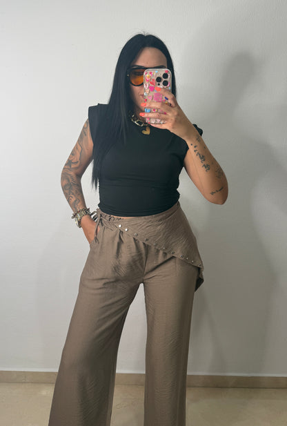 PANTALÓN PAÑUELO TACHAS TAUPE
