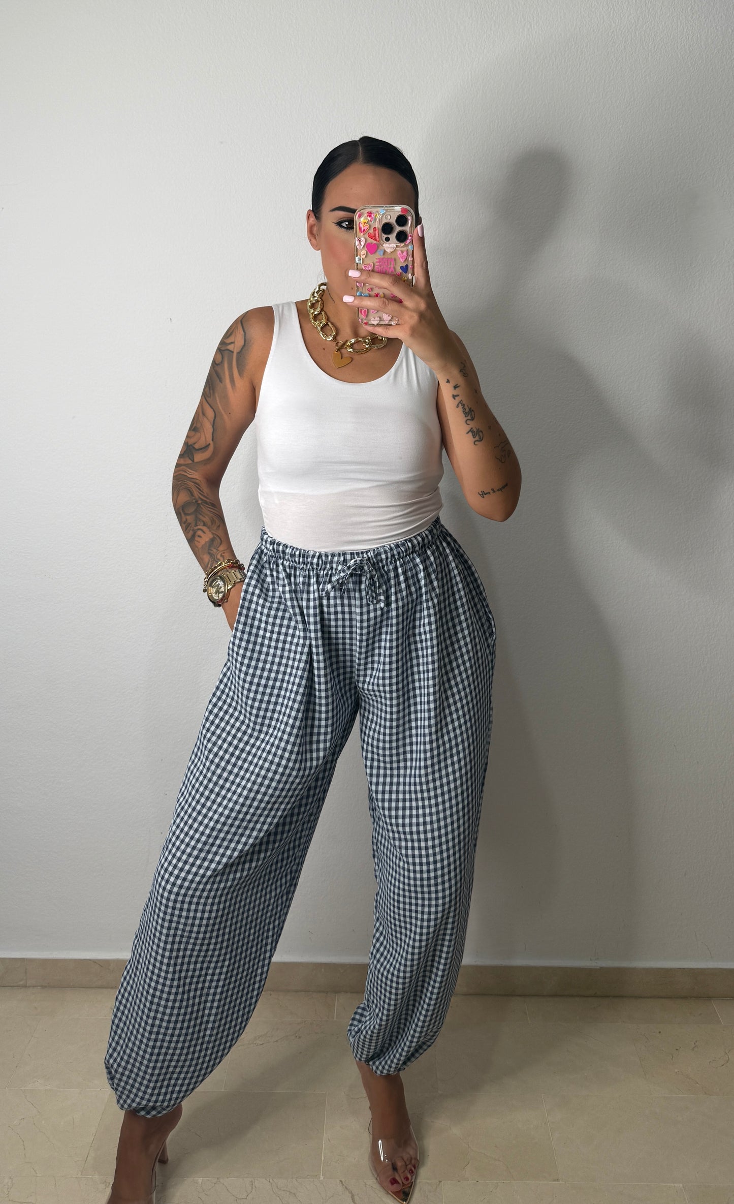PANTALÓN BOMBACHO VICHY AZUL VAQUERO
