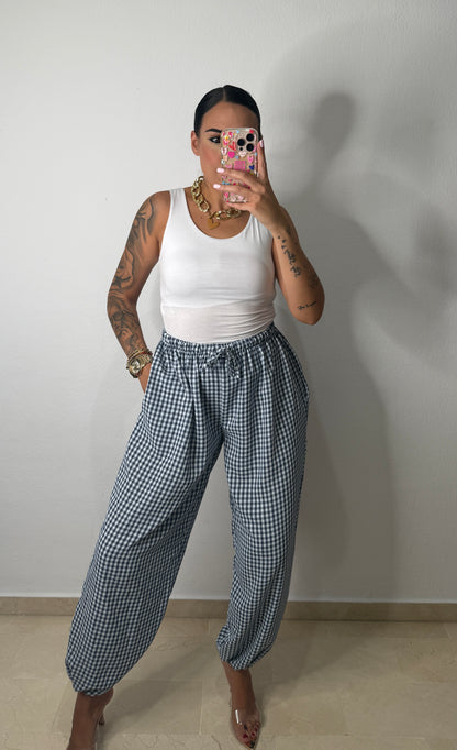 PANTALÓN BOMBACHO VICHY AZUL VAQUERO