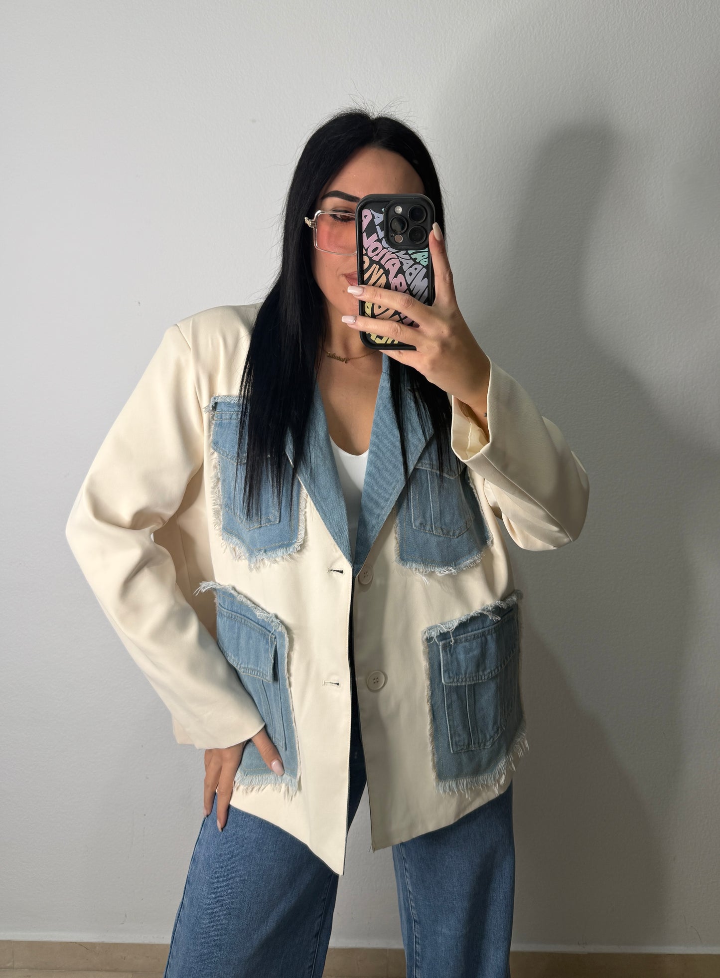 BLAZER OVERSIZE DENIM COMBI BEIGE