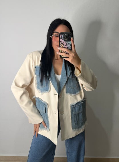 BLAZER OVERSIZE DENIM COMBI BEIGE