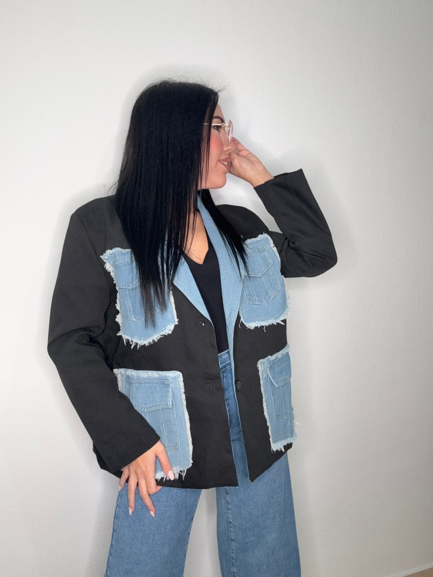 BLAZER OVERSIZE DENIM COMBI BLACK