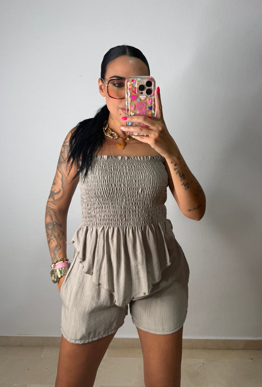 TOP PAÑUELO TACHAS TAUPE