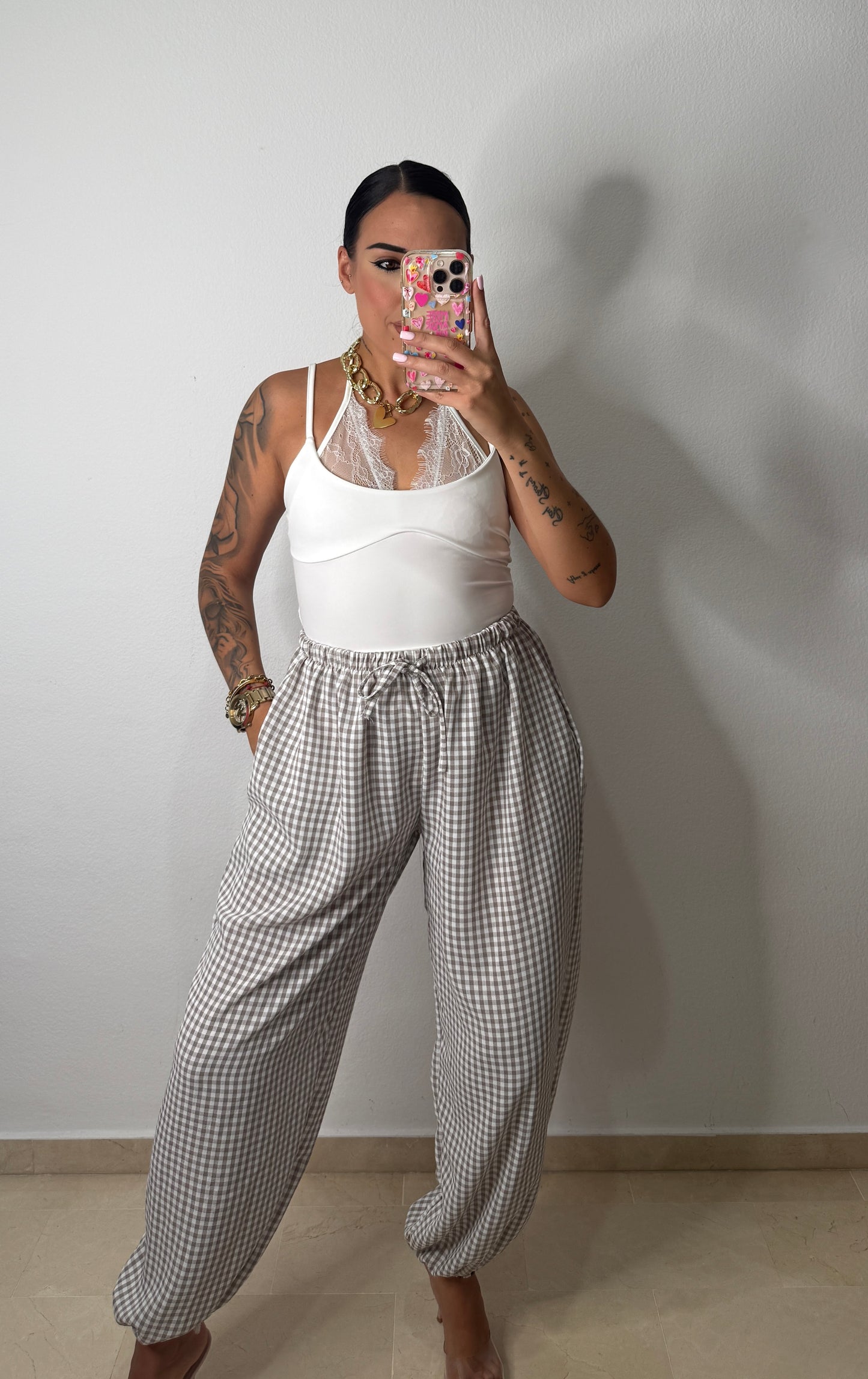 PANTALÓN BOMBACHO VICHY TAUPE