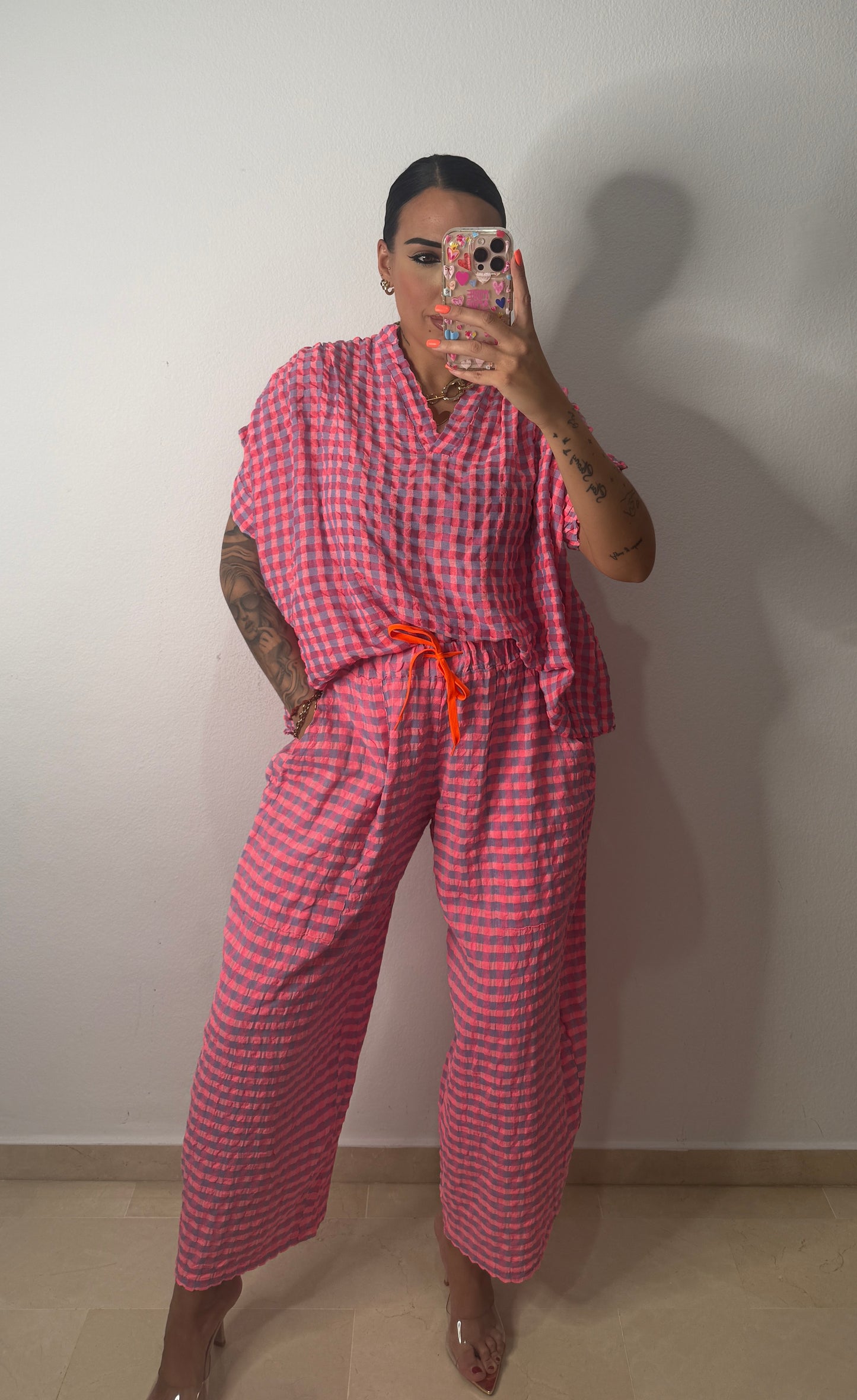 PANTALÓN VICHY NEON CORAL