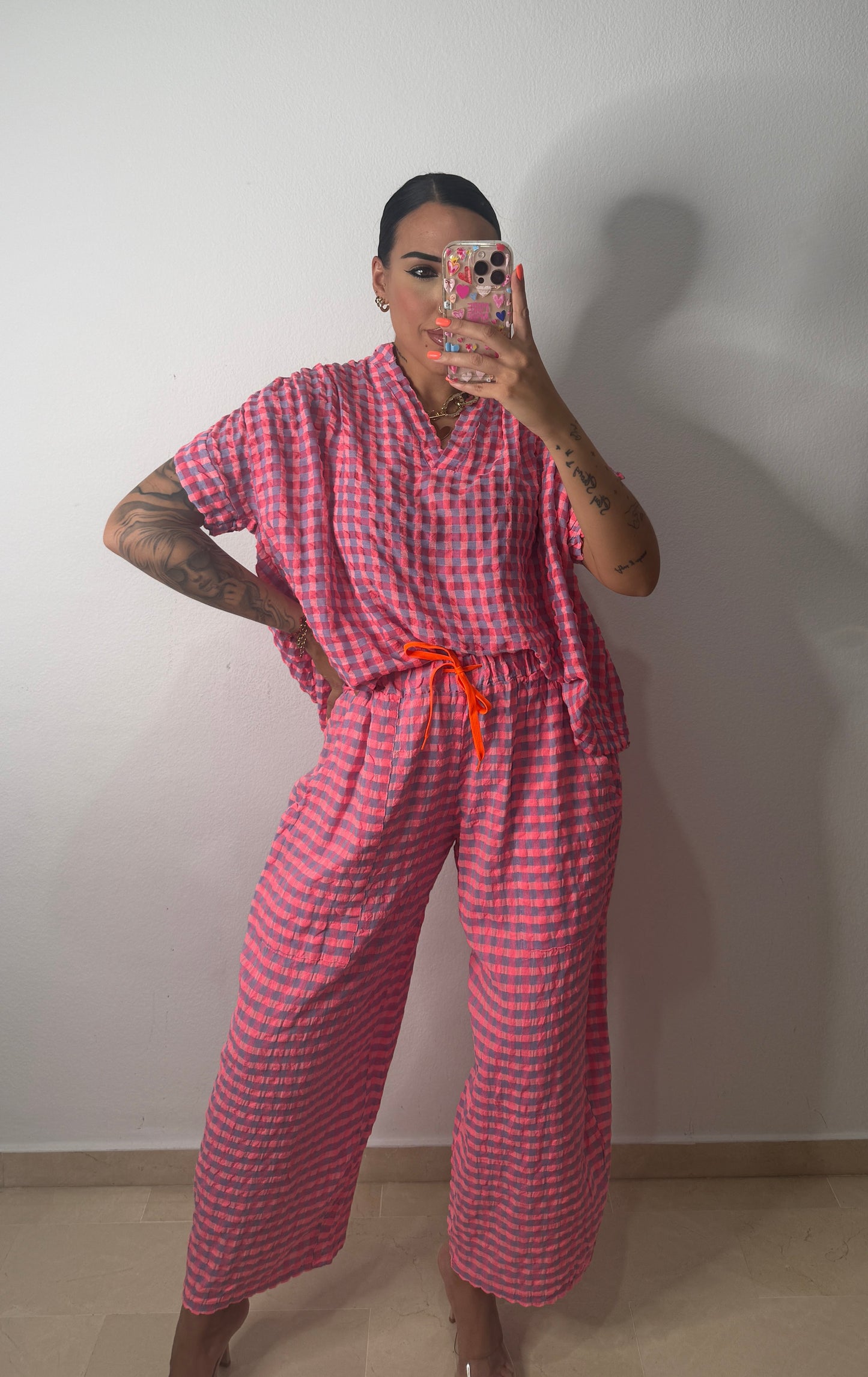 PANTALÓN VICHY NEON CORAL
