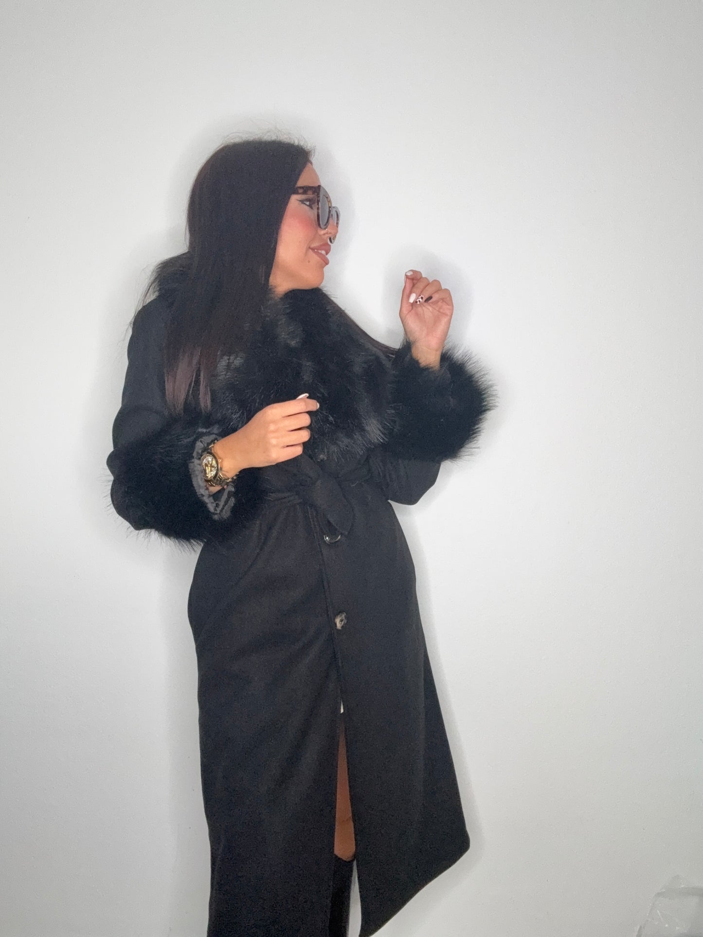 ABRIGO PAÑO LUXURY PELO BLACK