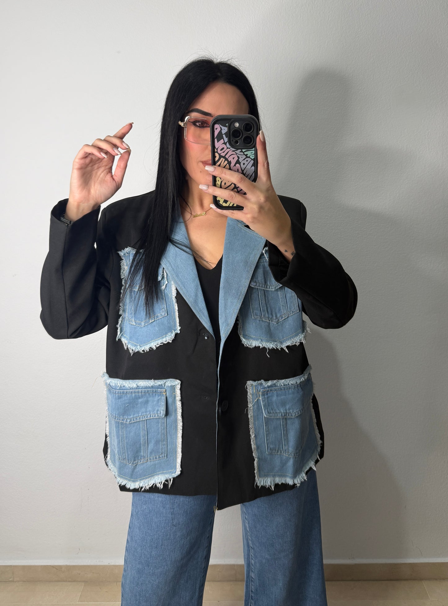 BLAZER OVERSIZE DENIM COMBI BLACK