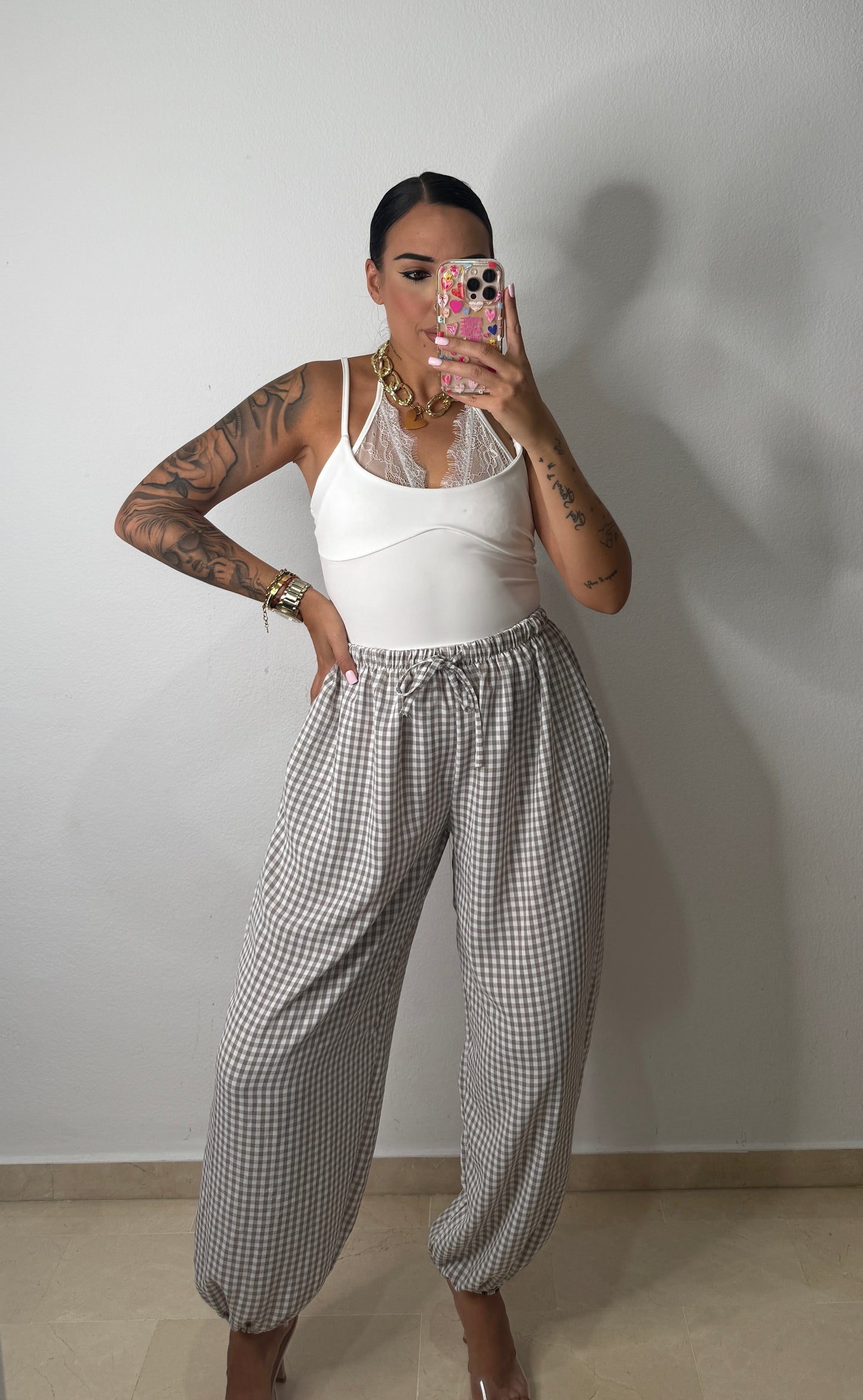 PANTALÓN BOMBACHO VICHY TAUPE