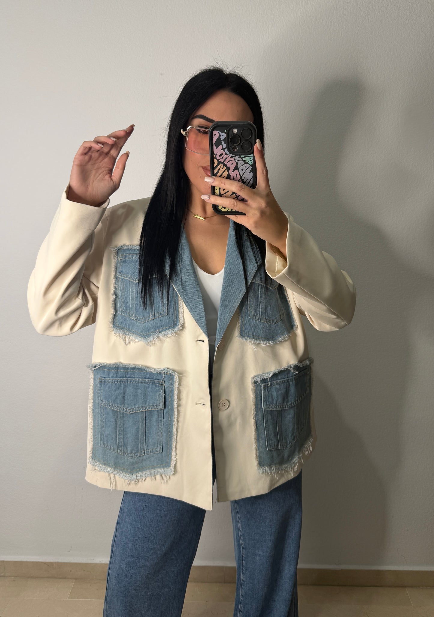 BLAZER OVERSIZE DENIM COMBI BEIGE