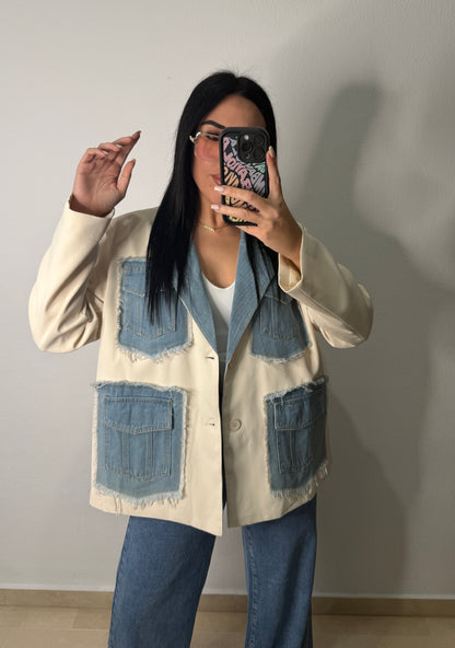 BLAZER OVERSIZE DENIM COMBI BEIGE