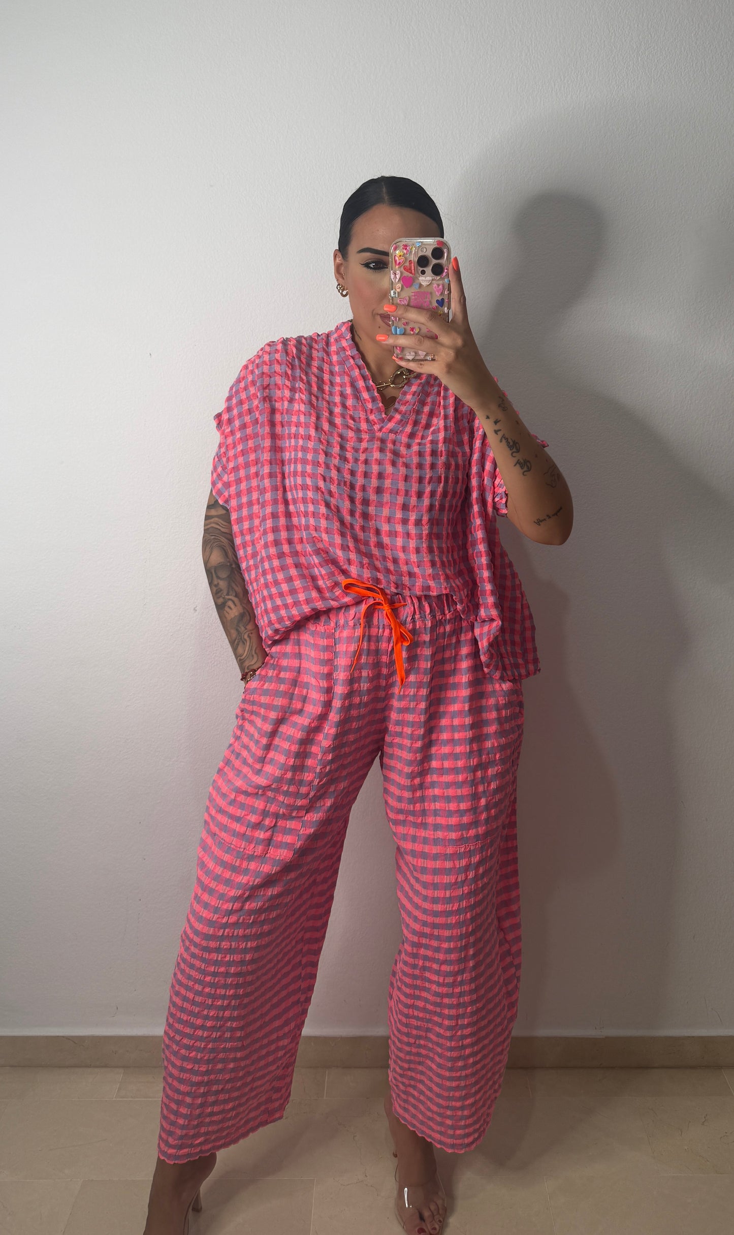 PANTALÓN VICHY NEON CORAL