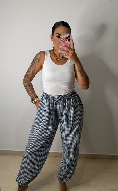 PANTALÓN BOMBACHO VICHY AZUL VAQUERO