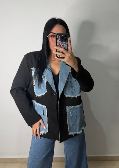 BLAZER OVERSIZE DENIM COMBI BLACK