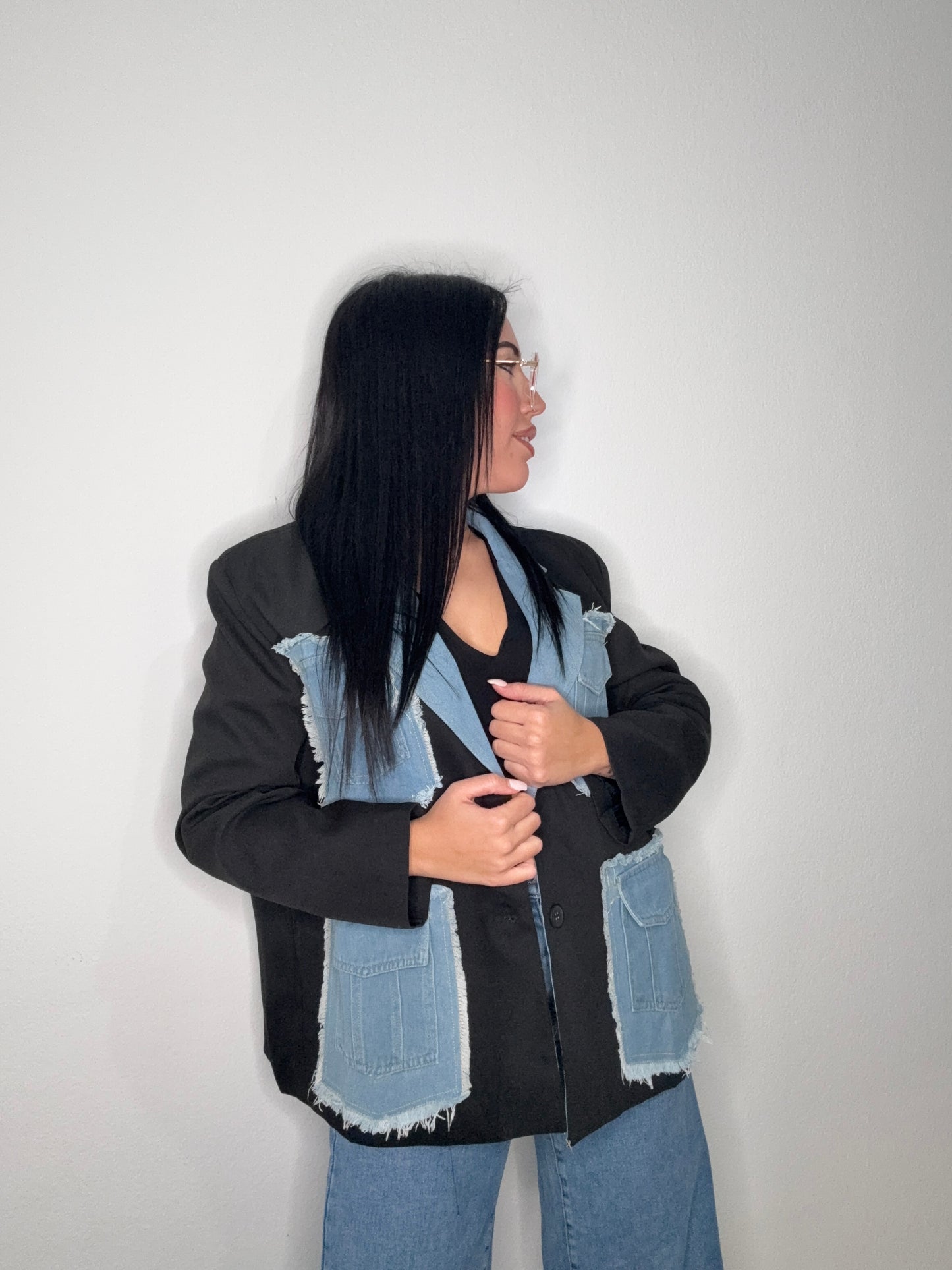 BLAZER OVERSIZE DENIM COMBI BLACK