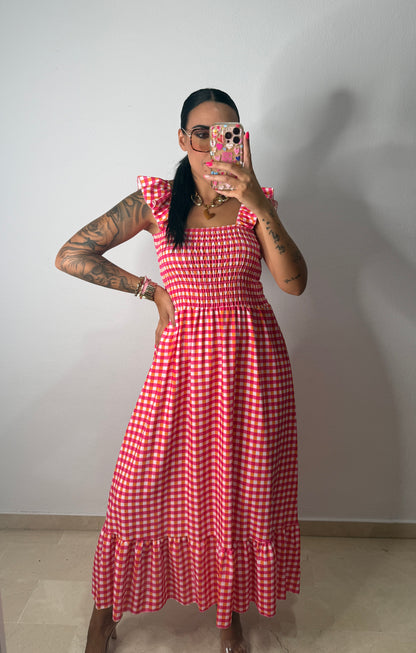 VESTIDO VICHY FLÚOR PINK