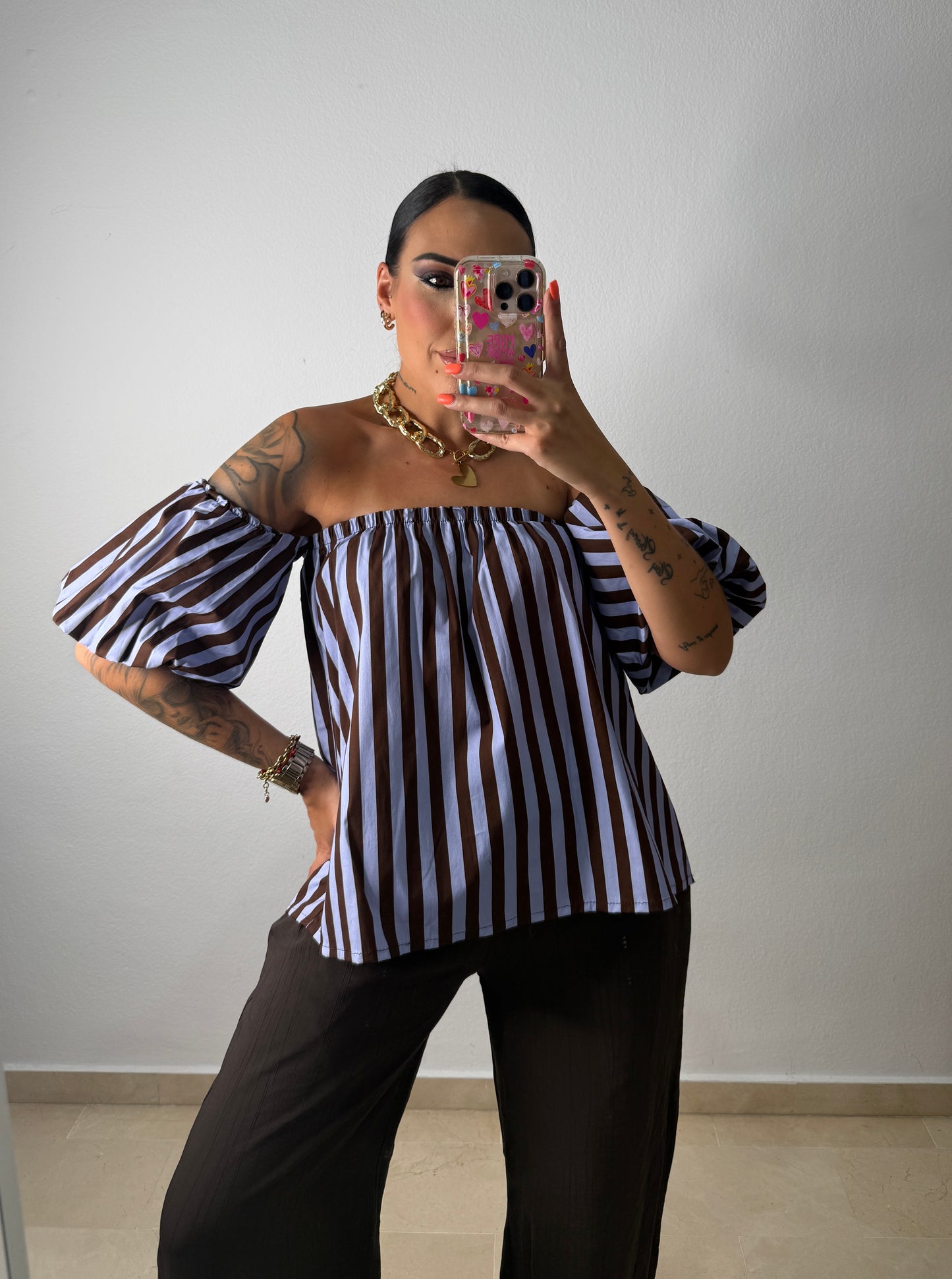 BLUSA ABULLONADA BLUE ND CHOCO