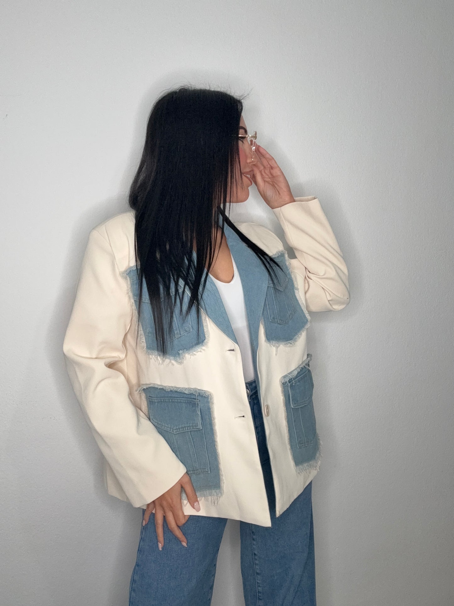 BLAZER OVERSIZE DENIM COMBI BEIGE